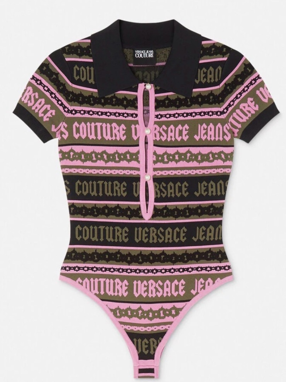 Versace Jeans Couture Pink, Black & Olive Jacquard Logo Knit Bodysuit